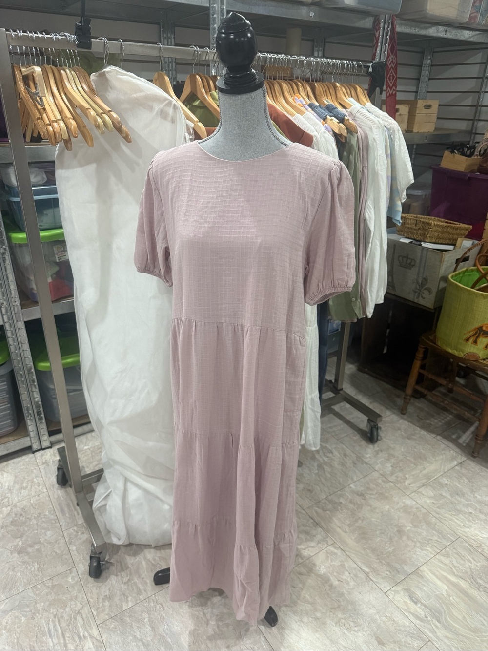 Soft Blush Tiered Maxi Dress with Puff Sleeves